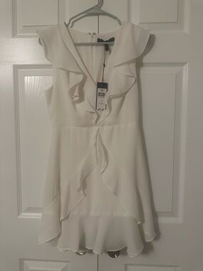 BCBGMaxAzria White Ruffle V-Neck Mini Dress